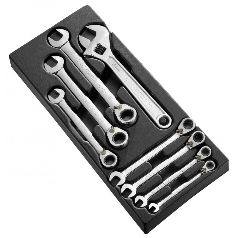 E111100 - Set of 7 ratchet combination wrenches + Adjustable wrenches, 8-19 mm