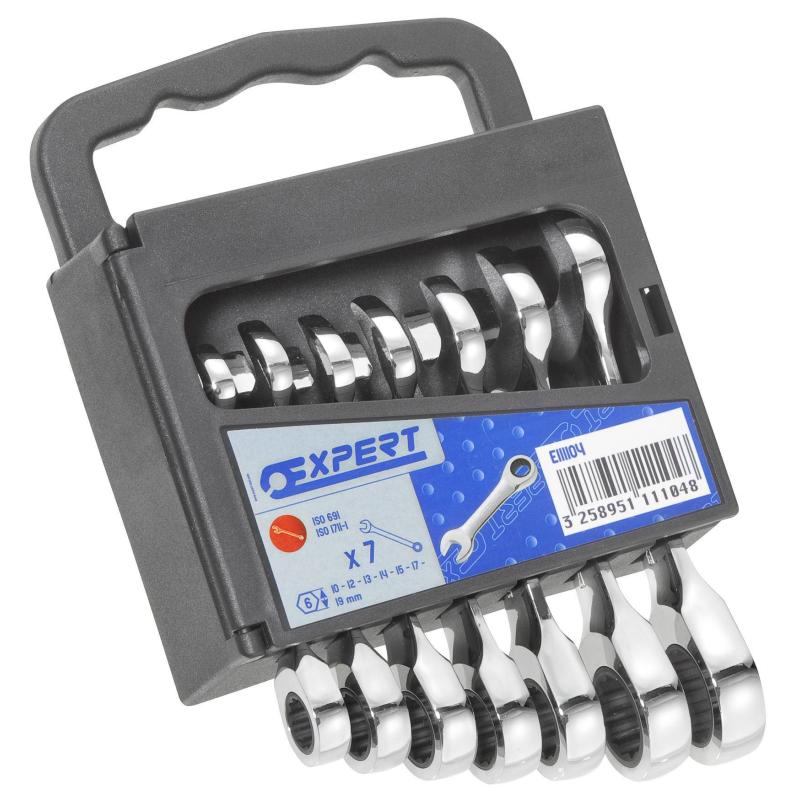 E111104 - Set of short 7 ratchet combination wrenches, 10-19 mm E111104 - Set of short 7 ratchet combination wrenches, 10-19 mm
