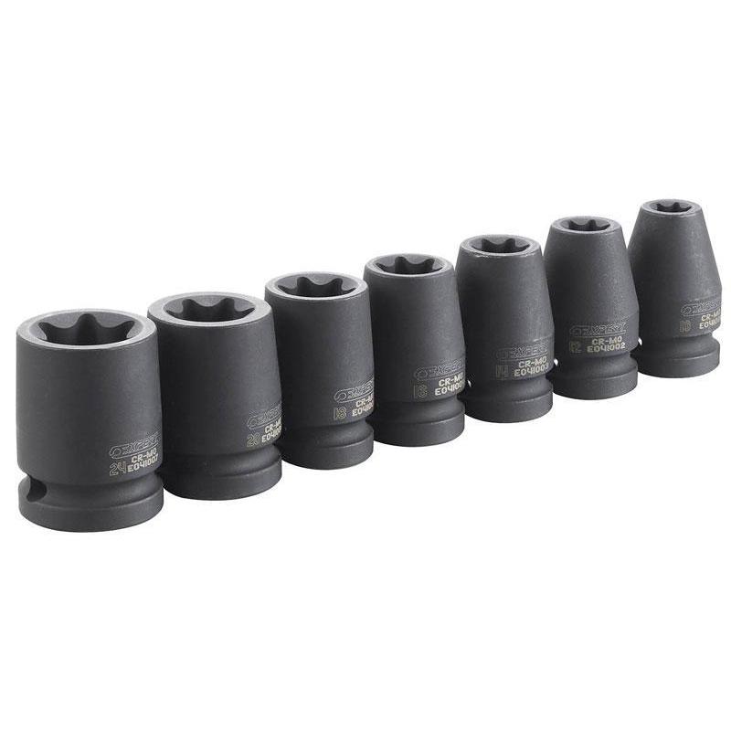 E041605 - Set of 1/2" TORX®, impact sockets on a rail, E10 - E24 E041605 - Set of 1/2" TORX®, impact sockets on a rail, E10 - E24